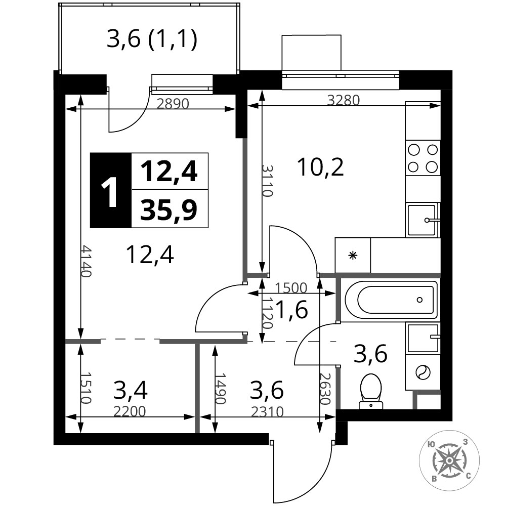 Планировка 35.9 м²