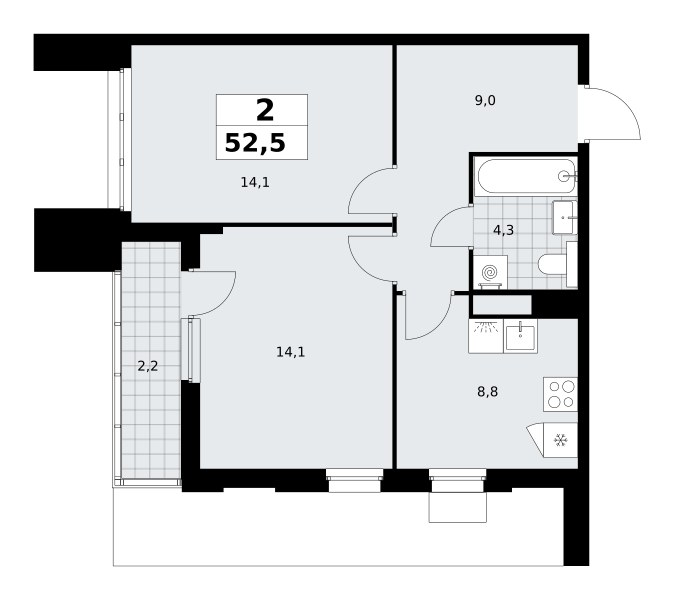 Планировка: 2-комнатная, 52.5 м²