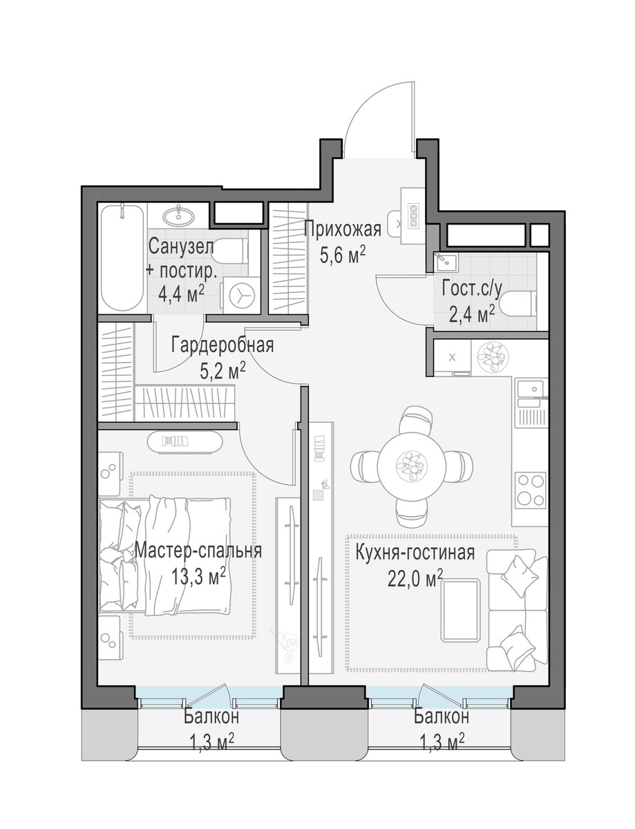 Планировка: 1-комнатная, 54.0 м²