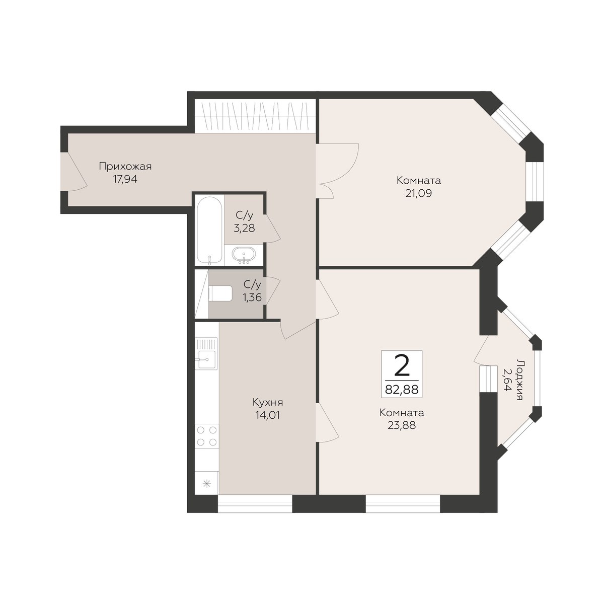 Планировка: 2-комнатная, 82.88 м²