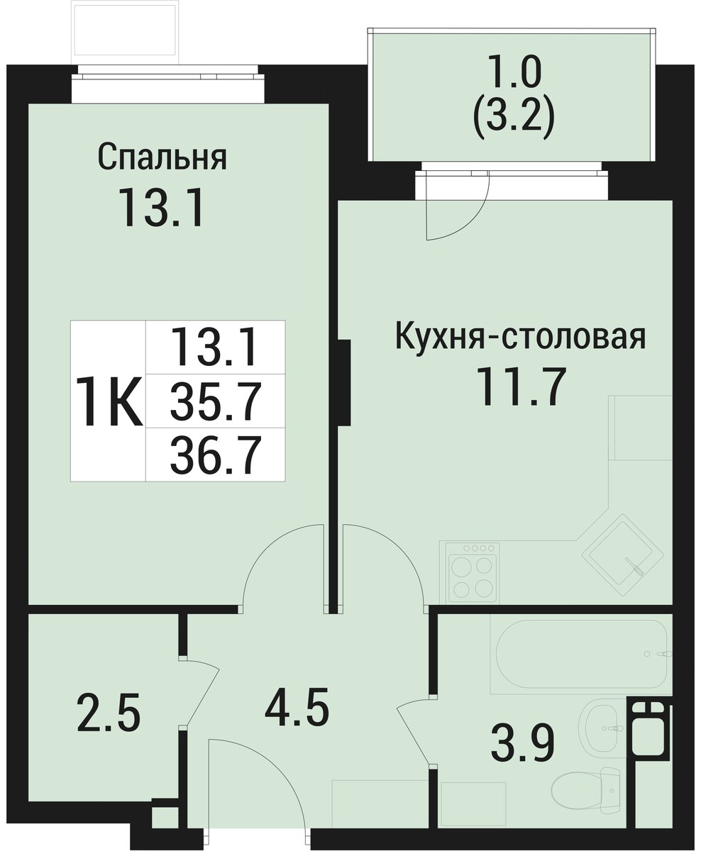 Планировка: 1-комнатная, 36.7 м²
