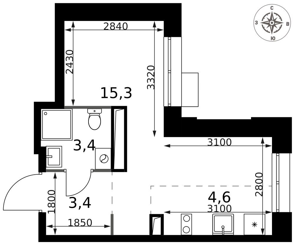 Планировка: Студия, 26.7 м²