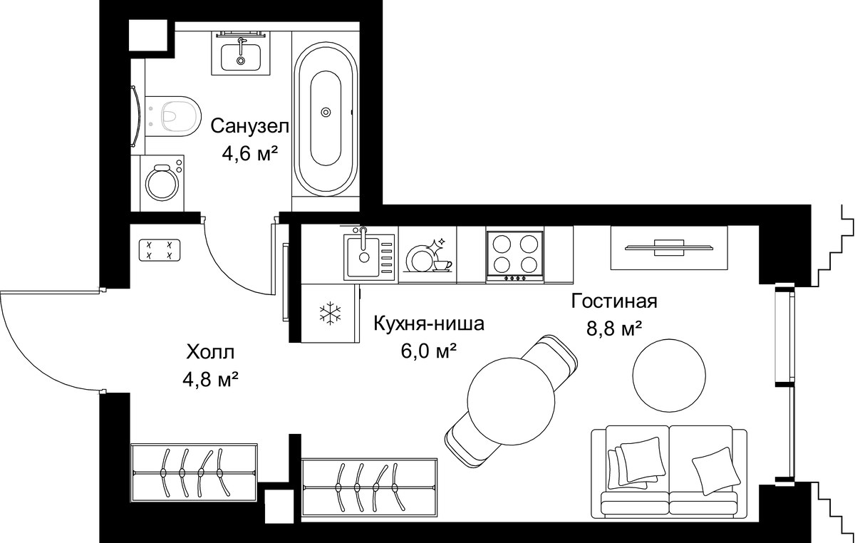 Планировка: 1-комнатная, 24.2 м²