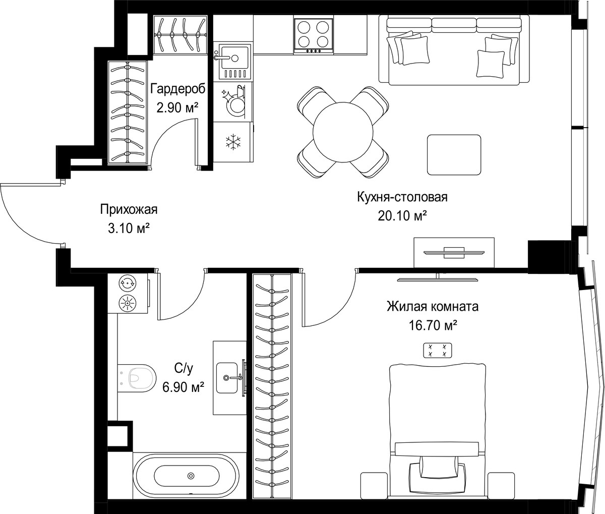 Планировка: 1-комнатная, 49.7 м²