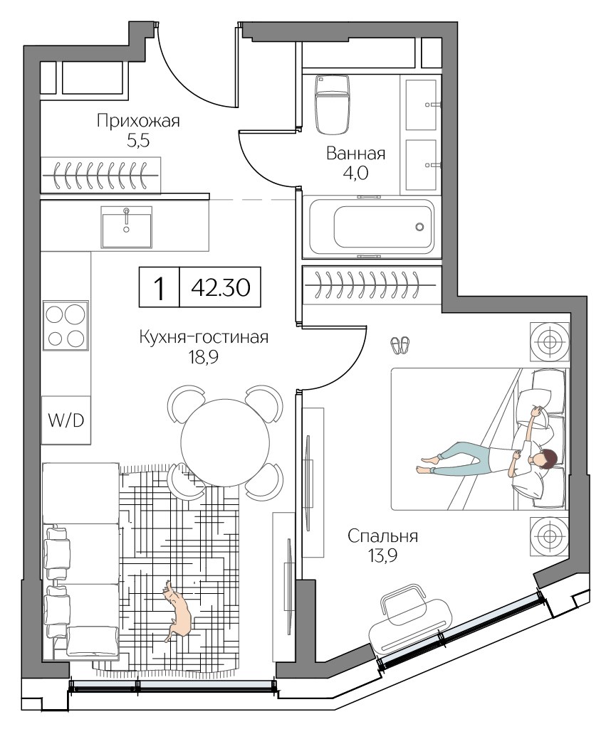 Планировка: 1-комнатная, 42.3 м²