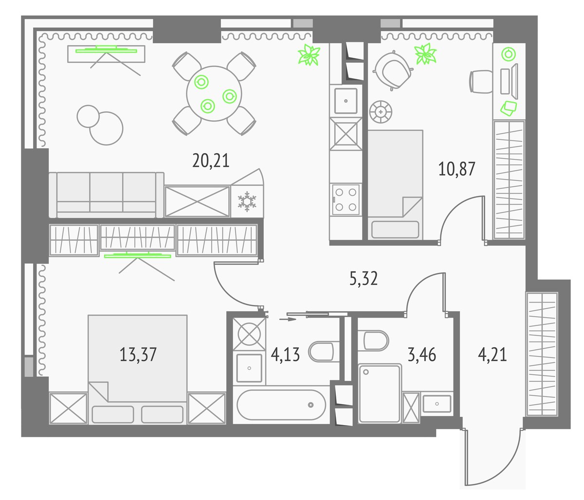 Планировка 61.57 м²