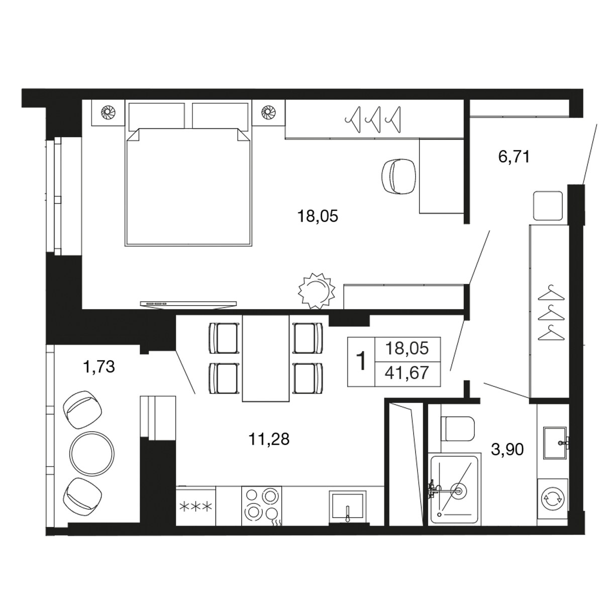 Планировка: 1-комнатная, 40.0 м²