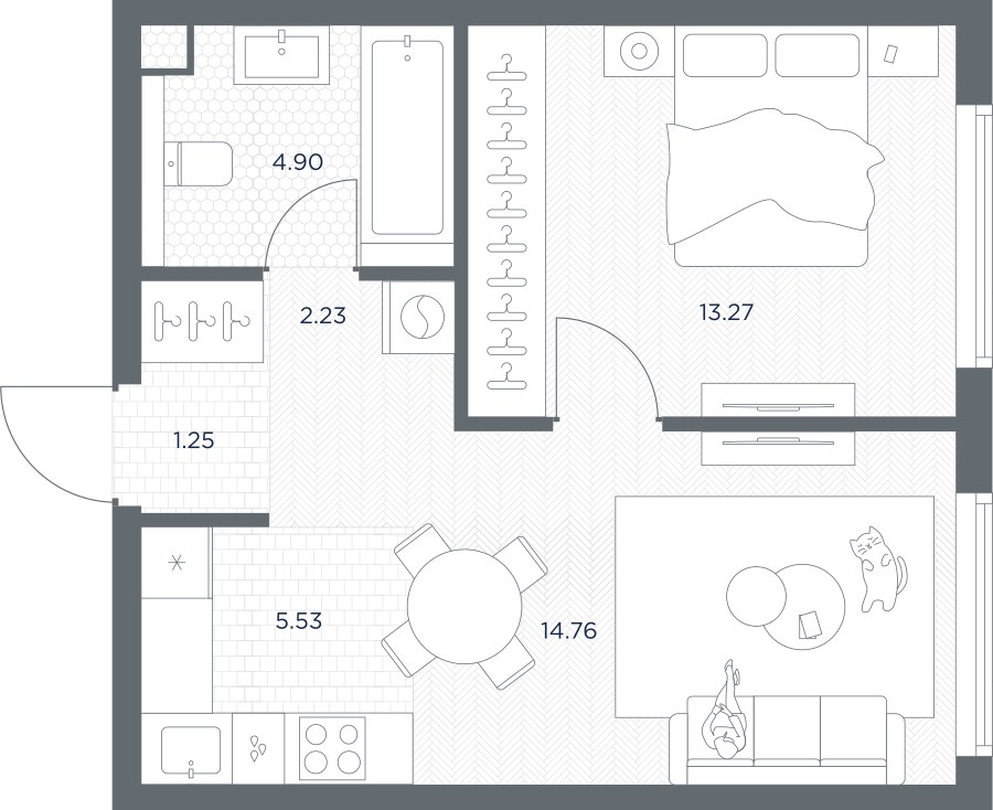 Планировка: 1-комнатная, 41.94 м²