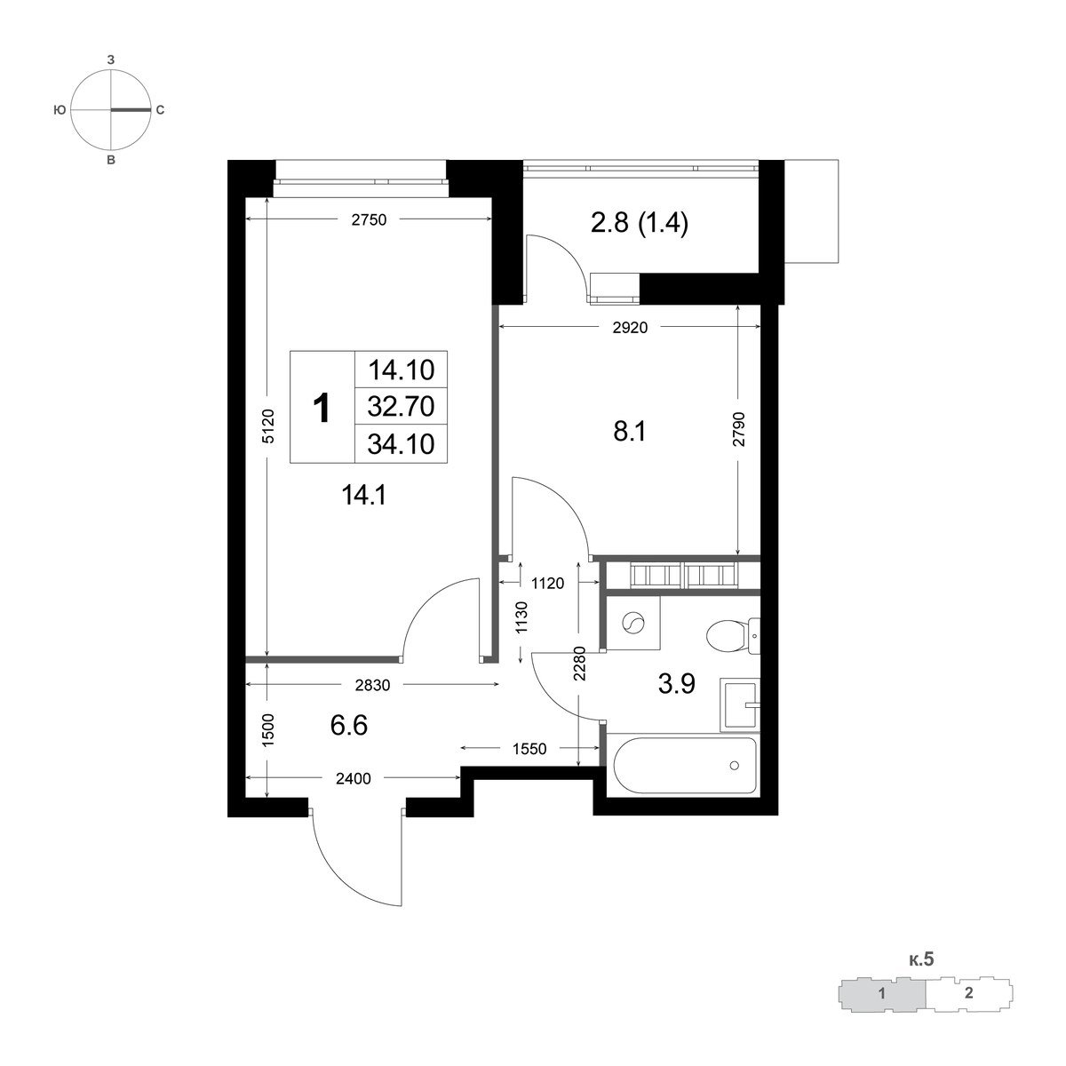 Планировка 34.2 м²