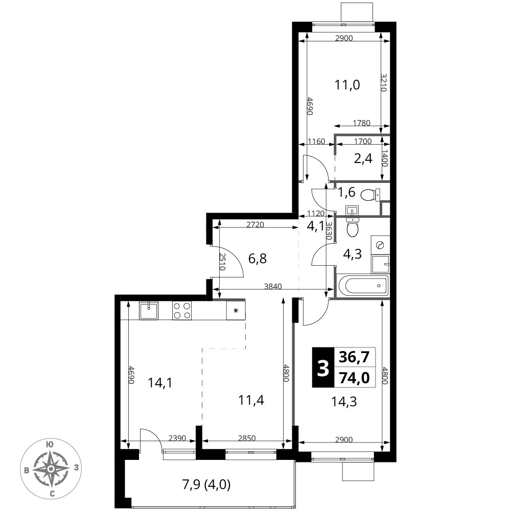 Планировка 74.0 м²