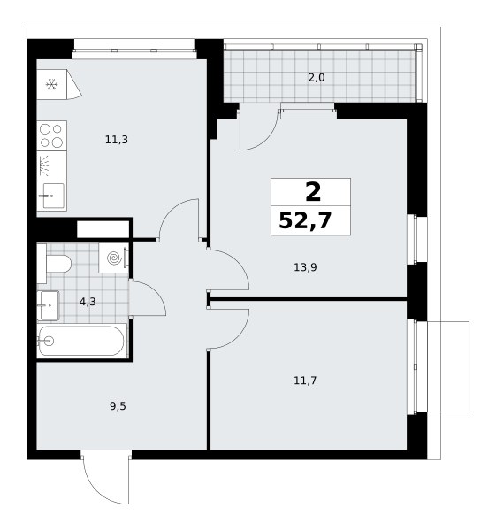 Планировка: 2-комнатная, 52.7 м²