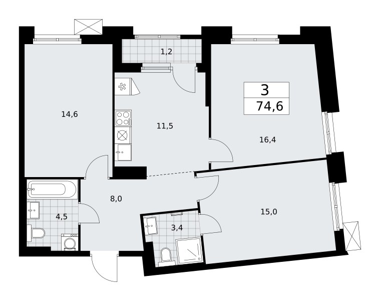 Планировка: 3-комнатная, 74.6 м²