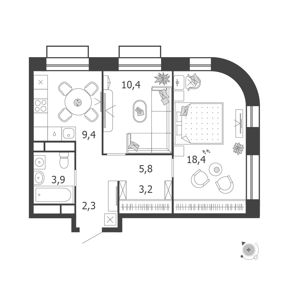 Планировка 53.4 м²