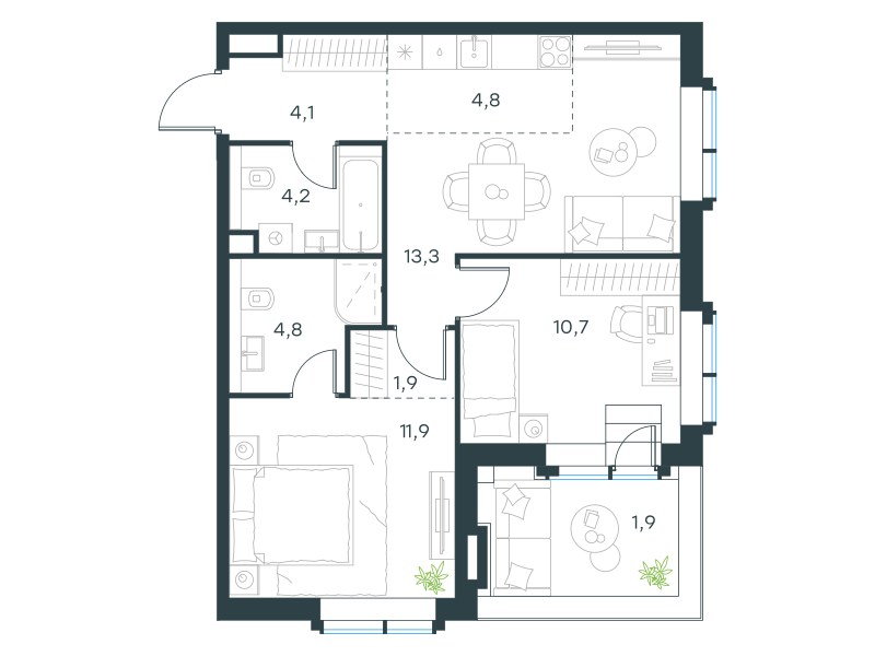 Планировка 57.6 м²