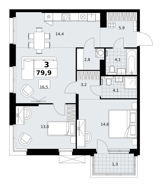 Планировка: 3-комнатная, 79.9 м²