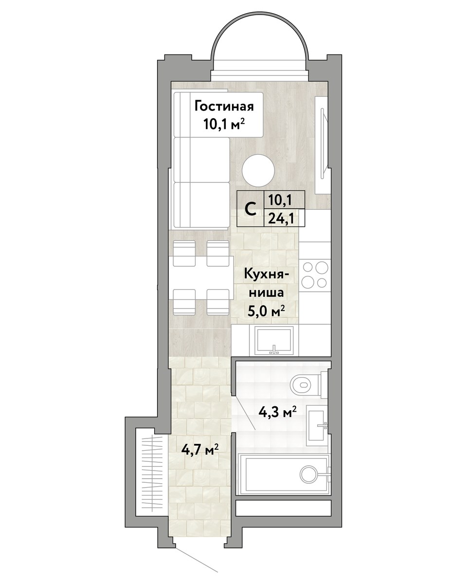 Планировка: Студия, 24.1 м²