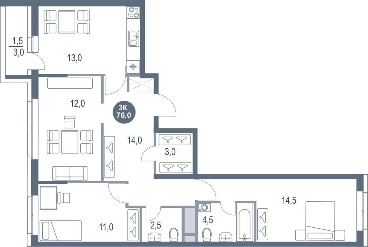 Планировка 76.0 м²