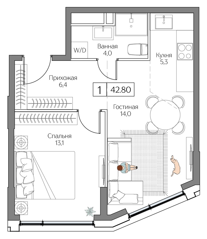 Планировка: 1-комнатная, 42.8 м²