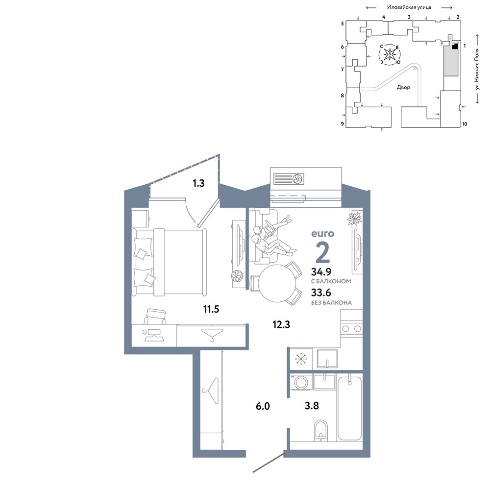 Планировка 34.9 м²