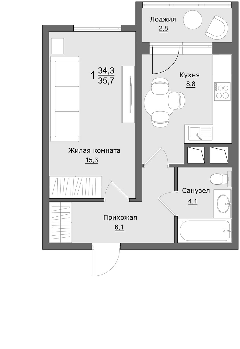Планировка: 1-комнатная, 35.6 м²