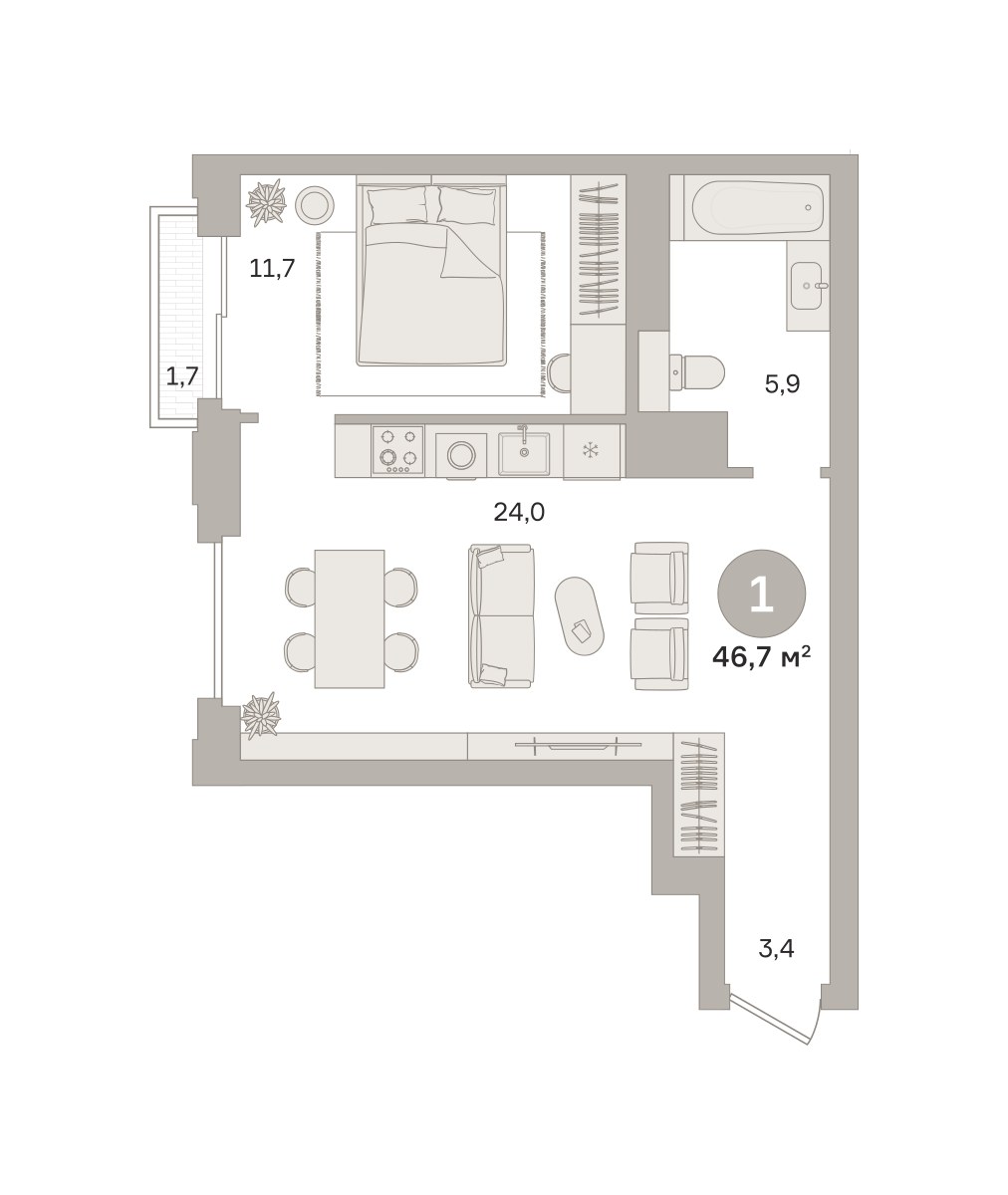 Планировка 46.68 м²