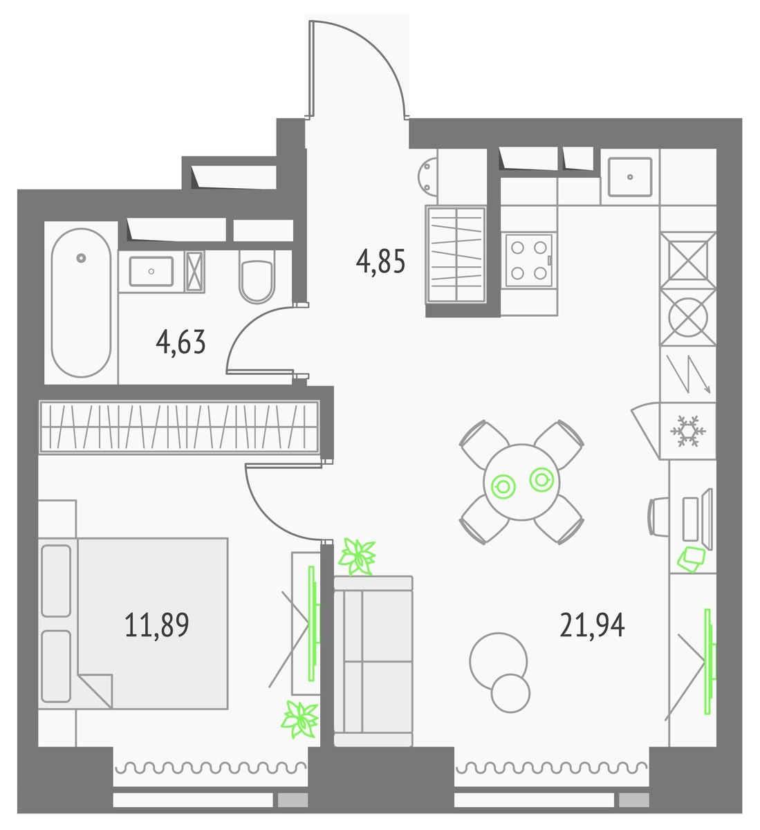 Планировка 43.98 м²