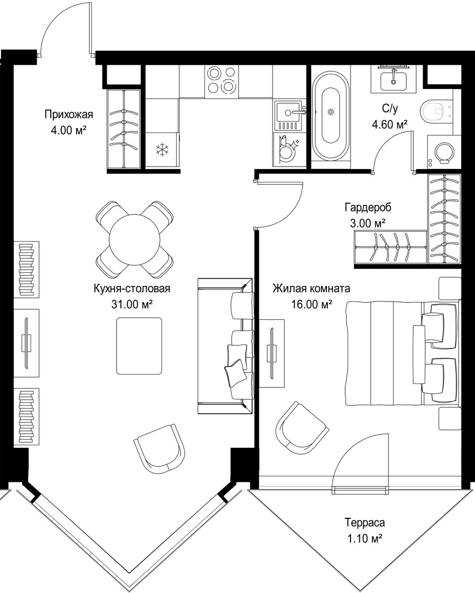 Планировка: 1-комнатная, 59.7 м²