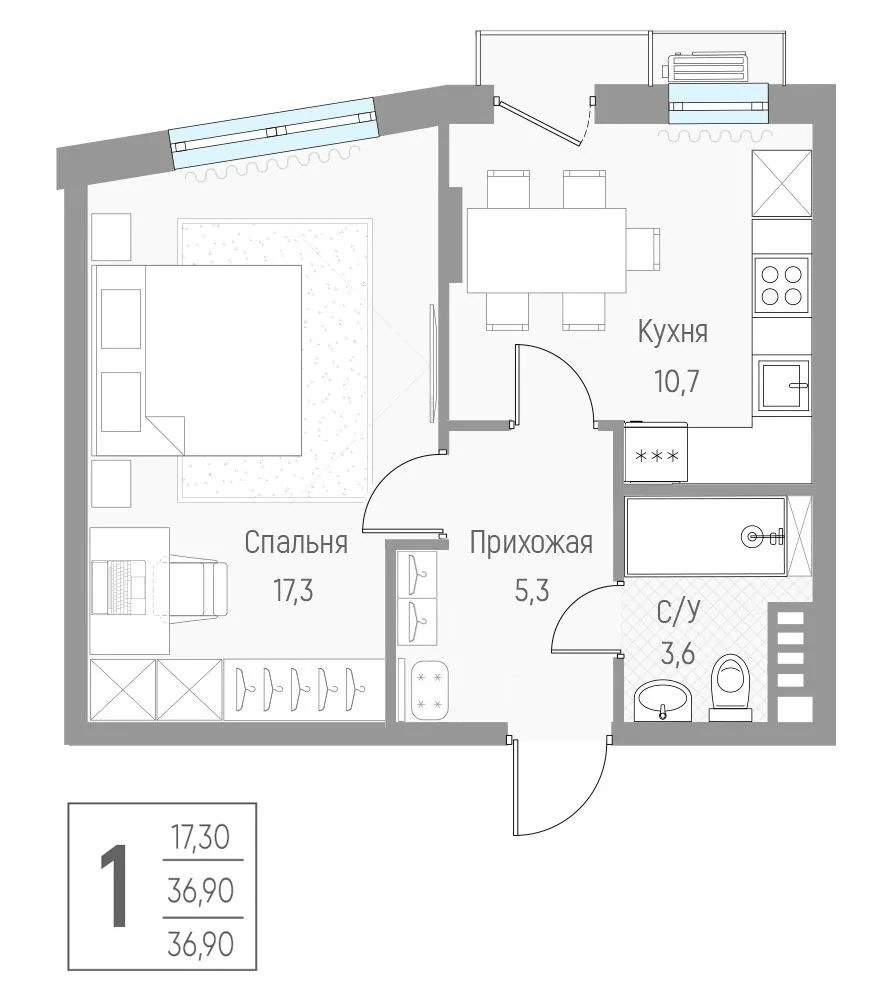 Планировка: 1-комнатная, 36.9 м²