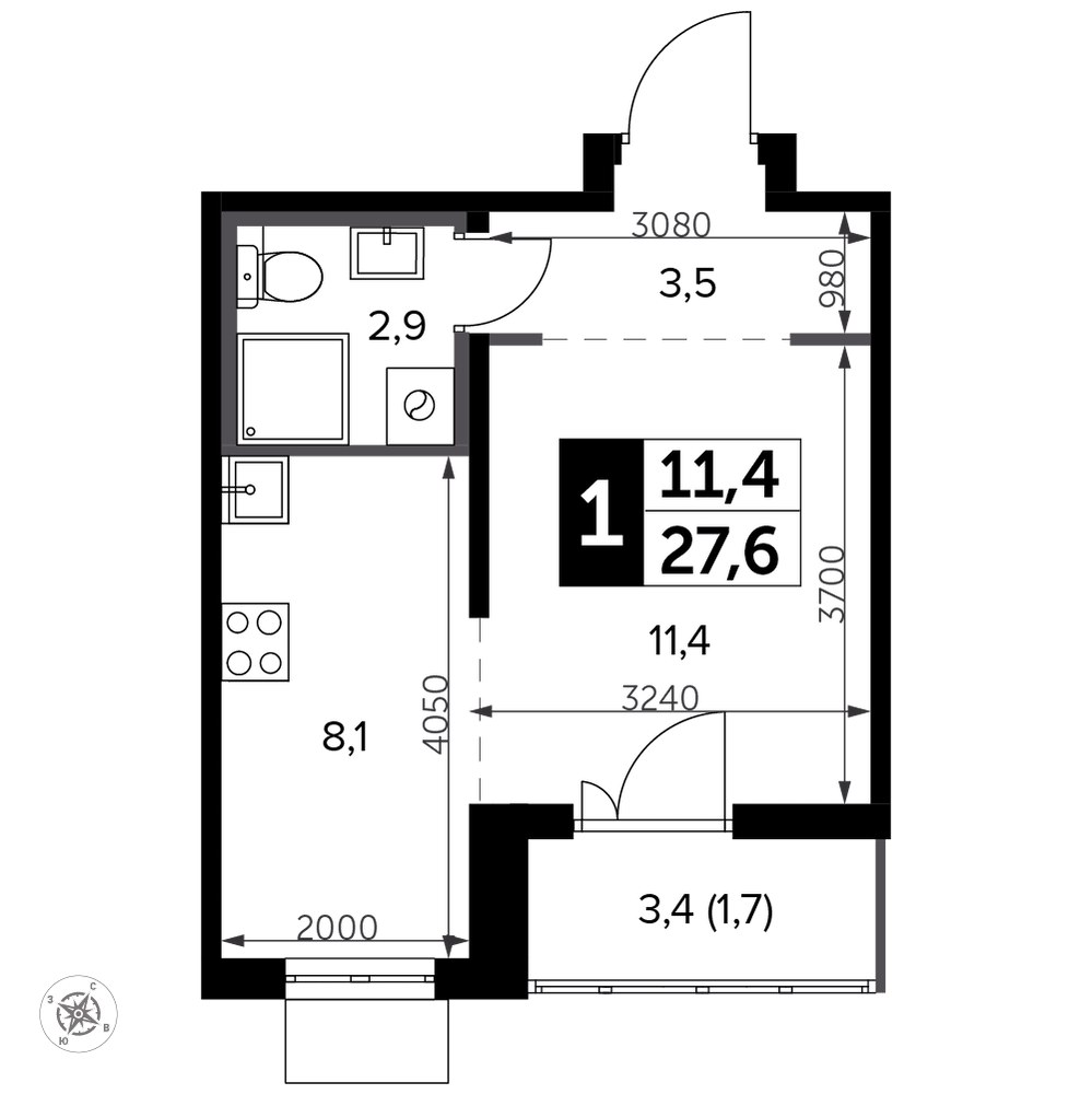 Планировка: Студия, 28.3 м²