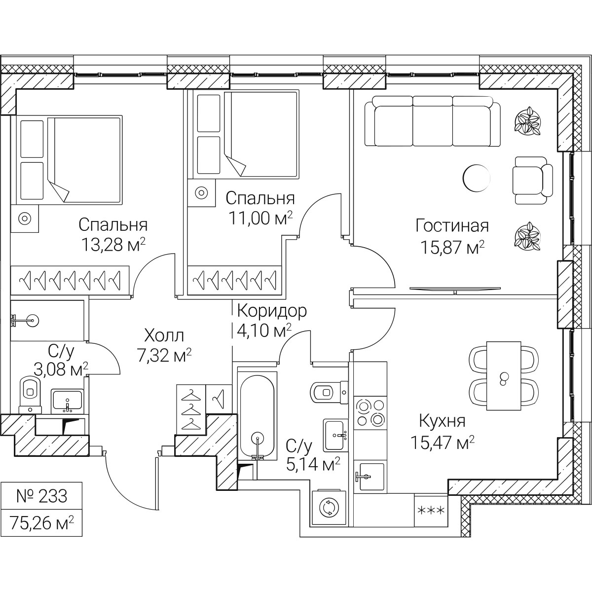 Планировка 75.26 м²