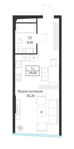 Планировка: Студия, 34.66 м²