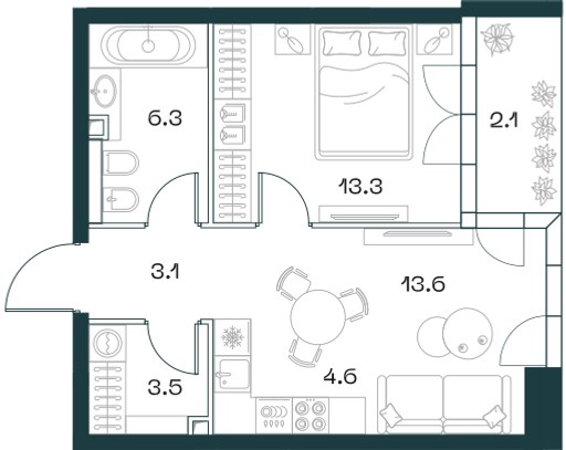 Планировка: 2-комнатная, 46.5 м²