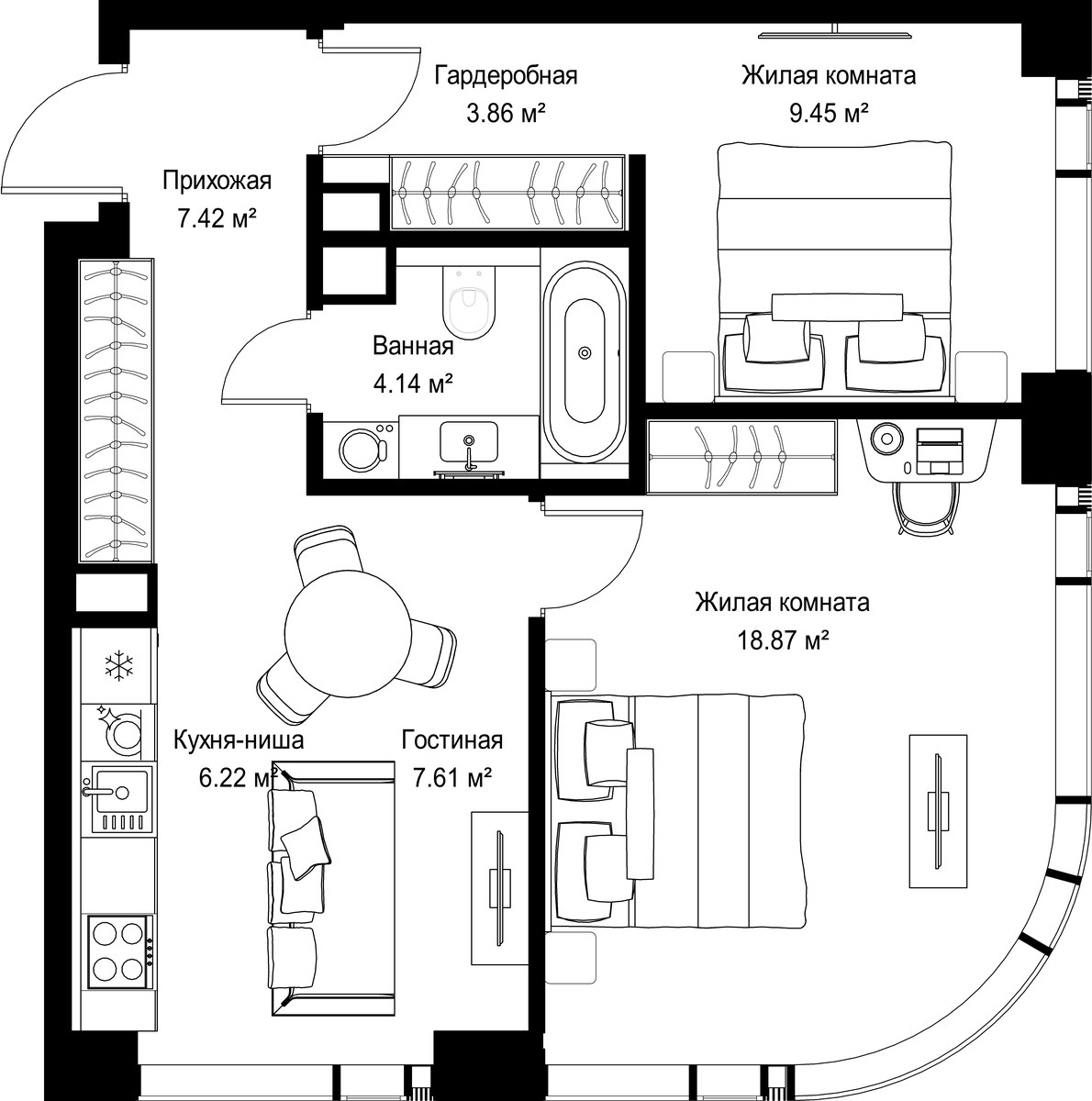 Планировка 57.57 м²