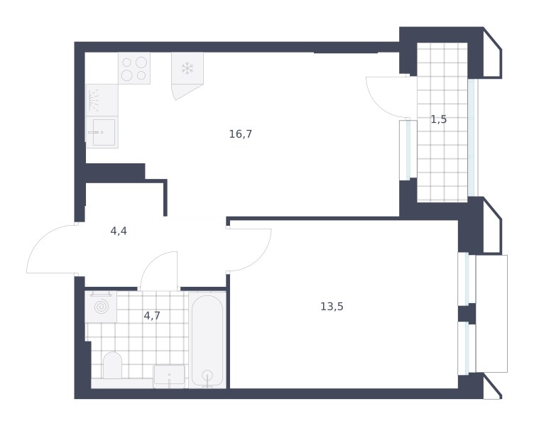 Планировка: 1-комнатная, 40.8 м²
