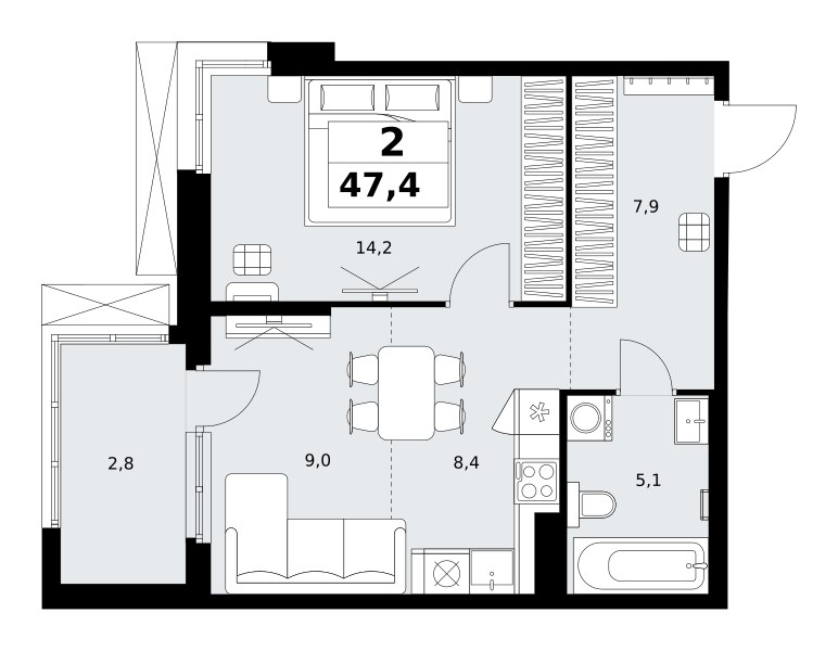 Планировка: 2-комнатная, 47.4 м²