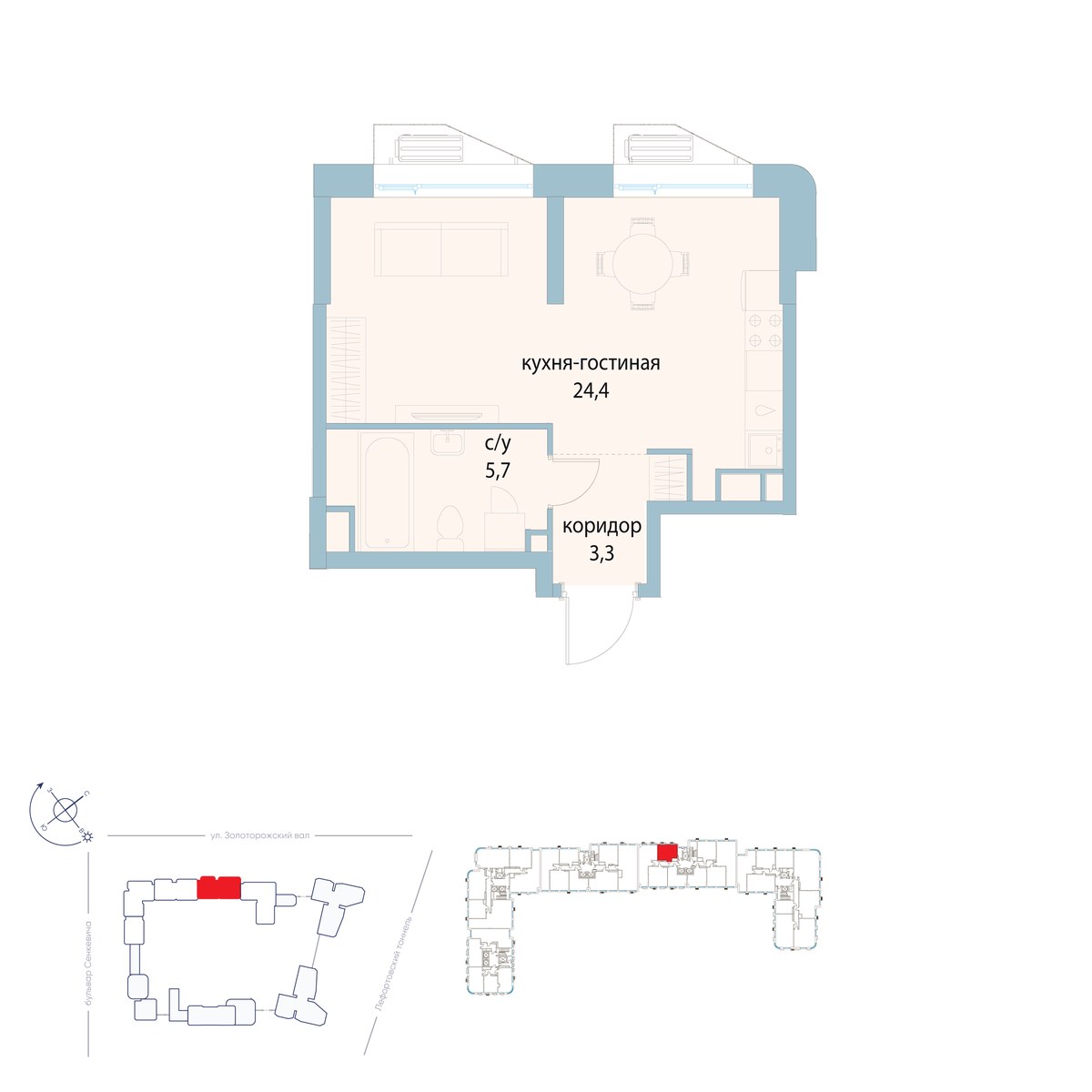Планировка 33.4 м²