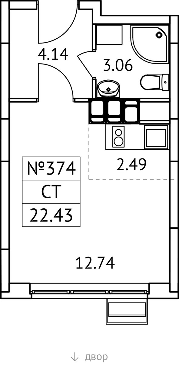 Планировка: Студия, 22.43 м²