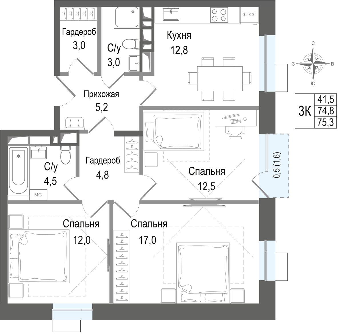 Планировка 74.8 м²