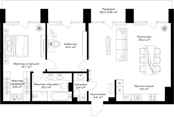 Планировка: 1-комнатная, 97.9 м²