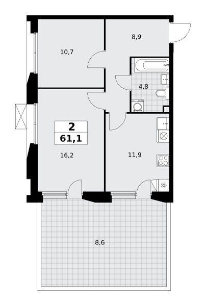 Планировка: 2-комнатная, 60.8 м²