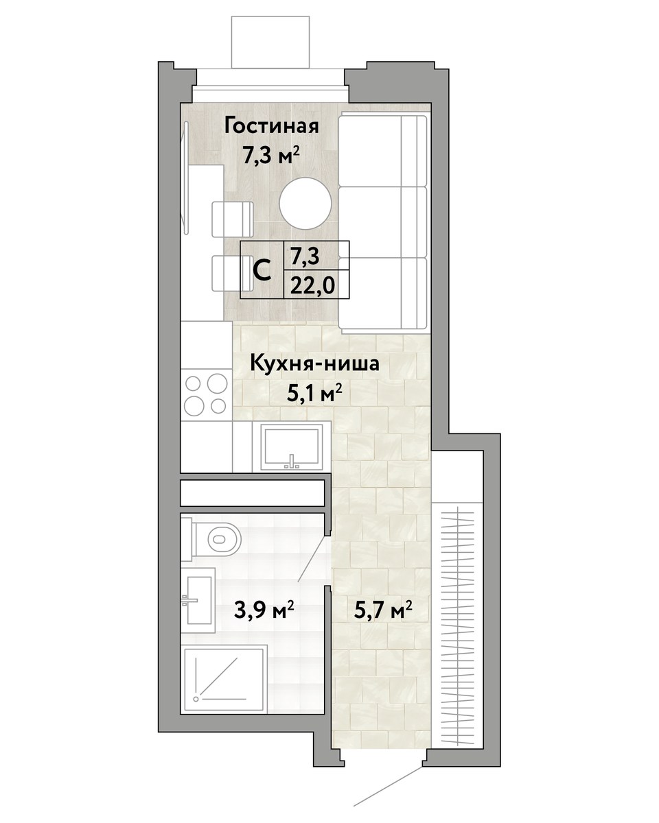Планировка: Студия, 22.0 м²