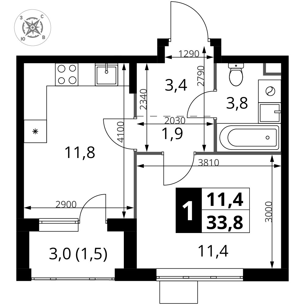 Планировка 33.8 м²