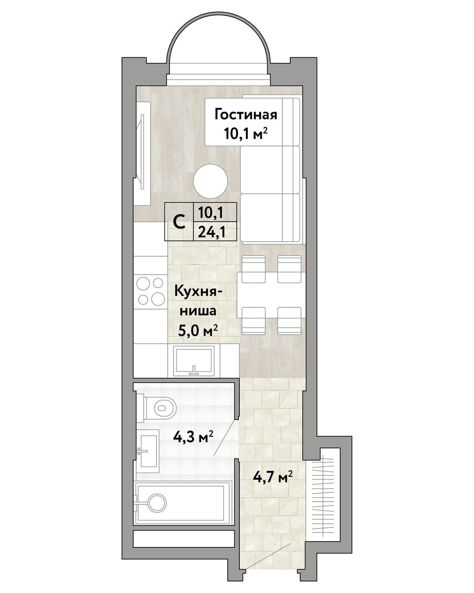 Планировка: Студия, 24.1 м²