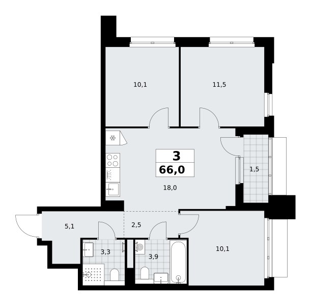 Планировка: 3-комнатная, 66.0 м²