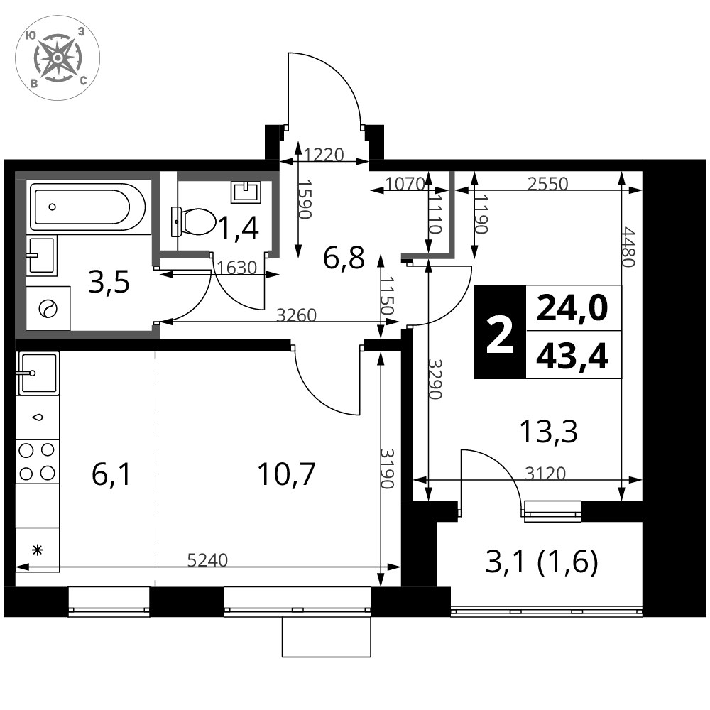 Планировка 43.4 м²