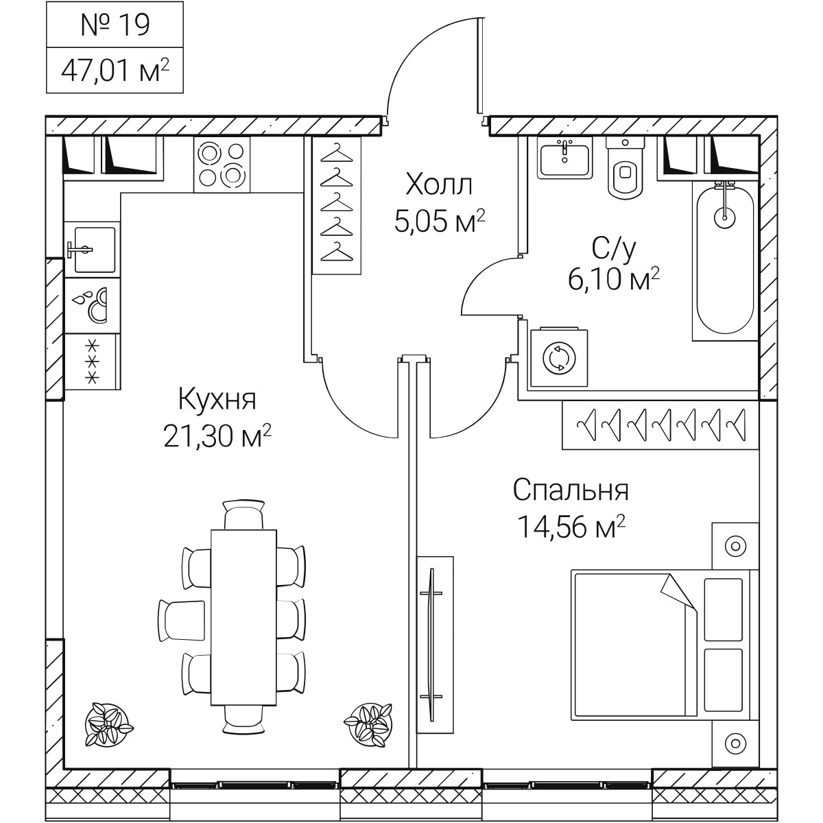 Планировка: 1-комнатная, 47.01 м²