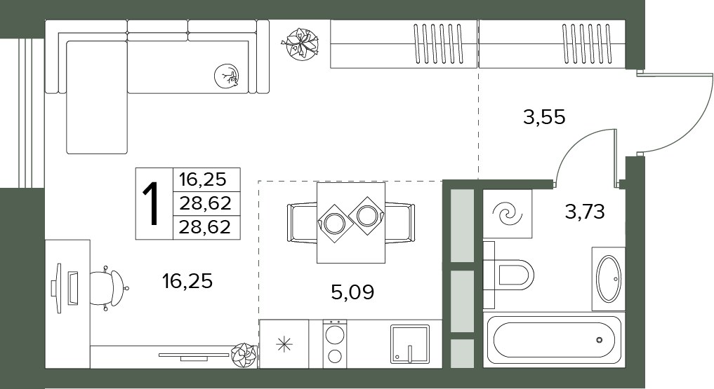 Планировка: 1-комнатная, 28.62 м²
