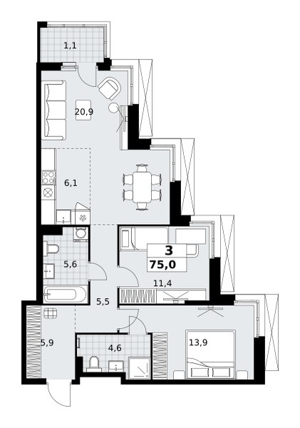 Планировка: 3-комнатная, 75.0 м²