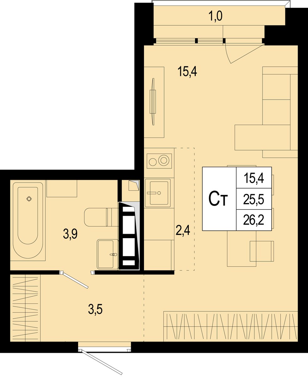 Планировка: 1-комнатная, 25.7 м²