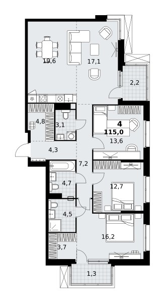 Планировка: 4-комнатная, 115.0 м²